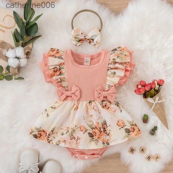 Ensembles de vêtements Nouveau mignon Floral Romper 2pcs bébé filles vêtements combinaison barboteuse + bandeau 0-24M âge Ifant enfant en bas âge nouveau-né tenues ensemble chaud SaleL231202