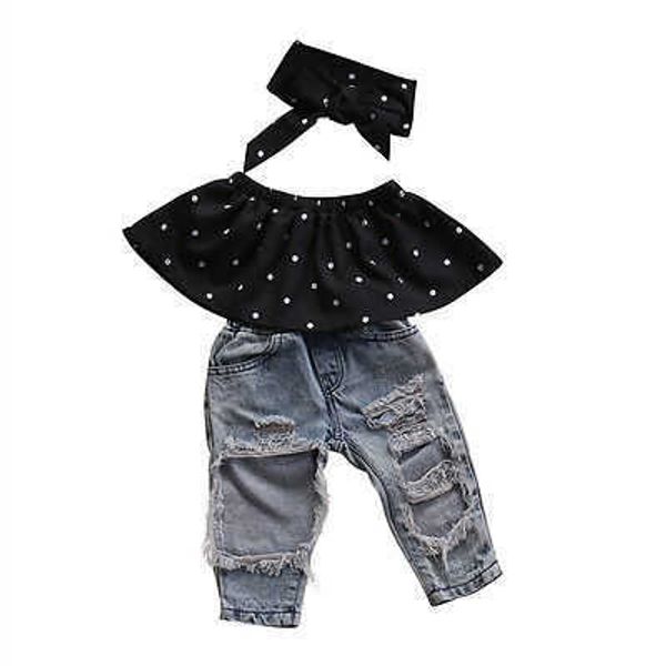 Ensembles de vêtements nouvelle mode enfant en bas âge bébé filles vêtements chemisier noir haut trou décontracté Denim pantalon tenues ensemble AA230328