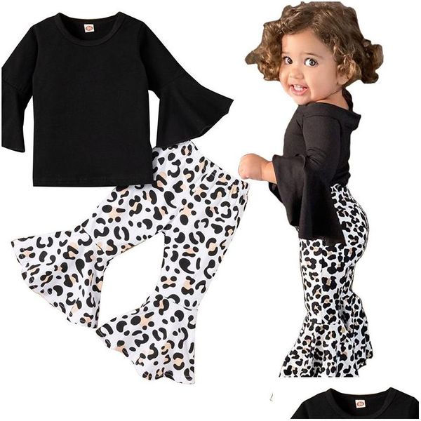 Conjuntos de ropa New Ins Girls Top de dos piezas con manga acampanada negra y pantalones con estampado de leopardo para ropa para niños pequeños y medianos Diseñador para niños Dr dhsop