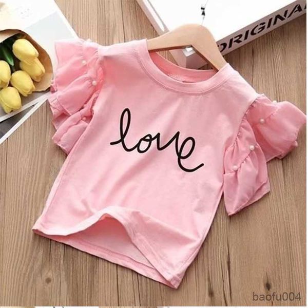 Conjuntos de ropa Nuevos niños Ropa para niñas Conjunto Summer Girl Flying Sleev Tops Camiseta Pantalones cortos de mezclilla 2pcs Trajes para niñas Ropa para bebés 4 5 6 R230718