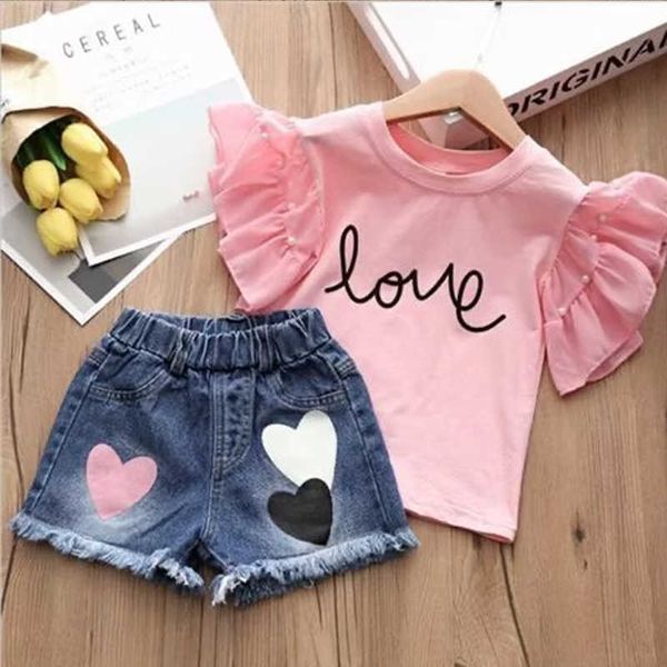 Conjuntos de ropa Nuevos niños Conjunto de ropa para niñas Summer Girl Flying Sleev Tops Camiseta Pantalones cortos de mezclilla 2 piezas Trajes para niñas Ropa para bebés 4 5