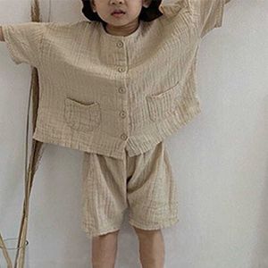 Kledingsets nieuw retro Mori-katoen Kinderzomerkleding Koreaans gerimpeld los casual pak met enkele rij knopen voor jongens en meisjes