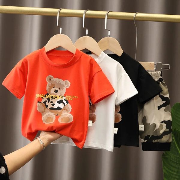 Ensembles de vêtements nouvel été garçons ensemble de vêtements mignon dessin animé ours T-shirt + short camouflage ensemble de vêtements pour enfants garçons 231215