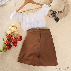 Ensembles de vêtements pour filles d'été, haut à épaules blanches et demi-jupe marron, mode