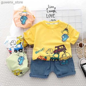 Vêtements Ensembles nouveaux enfants Baby Boys Boys Vêtements Cartoon Car Cartoon Car Cotton T-shirt + Denim Shorts Kid