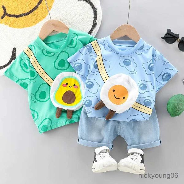 Vêtements Sets New Toddler Boys Fashion Casual Clothes Tenues 0-5 ans T-shirt imprimé pour bébés filles avec sac de dessin animé + short en denim Vêtements d'été