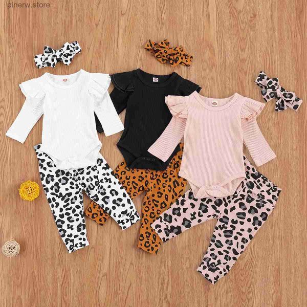 Conjuntos de ropa Otoño recién nacido 3 piezas Ropa para niñas bebés Color sólido fresco Manga voladora Mono acanalado y pantalones de leopardo con diadema