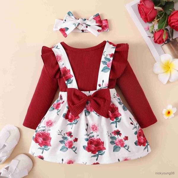 Ensembles de vêtements nouveau-né bébé fille vêtements ensemble barboteuse rouge imprimé fleuri bretelles jupe infantile mode tenues robes