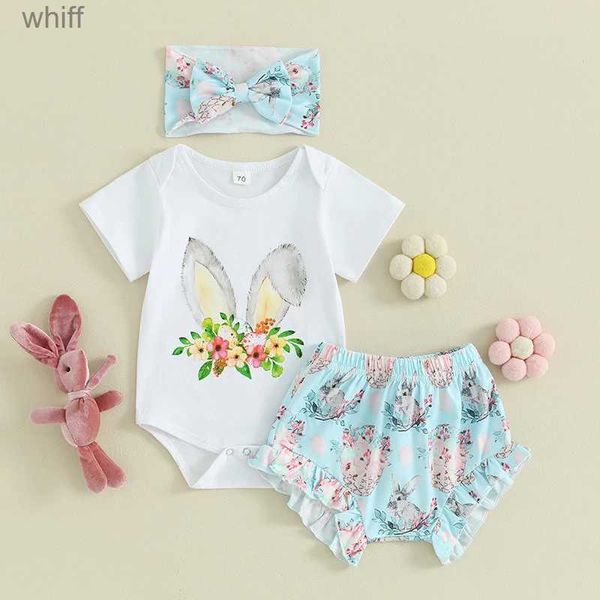 Ensembles de vêtements Nouveau-né bébé fille tenue de Pâques à manches courtes lapin barboteuse taille élastique short bandeau mignon vêtements d'été c24319