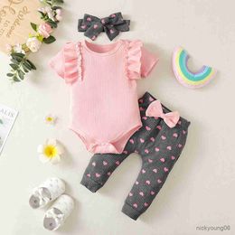 Ensembles de vêtements nouveau-né bébé fille été rose col rond à manches courtes harnais avec pantalon imprimé pêche gris foncé