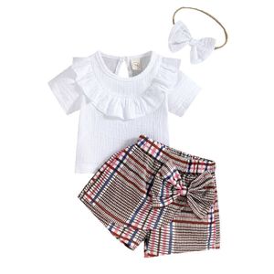 Ensembles de vêtements nouveau-né bébé fille trois pièces tenues à manches courtes couleur unie volants hauts Bowknot Plaid pantalon court bandeau décoratif Z0321