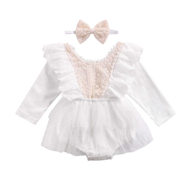 Ensembles de vêtements pour bébés filles, vêtements d'automne, barboteuse florale à manches longues avec bandeau, tenues blanches, 2 pièces