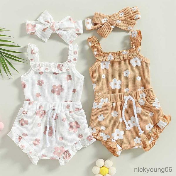 Conjuntos de ropa para bebés recién nacidos Ropa de verano Estampado floral Volantes Sin mangas Waffle Rompers BodysuitsandDrawstring Shorts 3cps Outfits