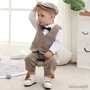 Ensembles de vêtements Nouveau-né garçon vêtements formels ensemble infantile garçon Gentleman tenue d'anniversaire avec chapeau gilet à manches longues infantile combinaison costume formel R231028