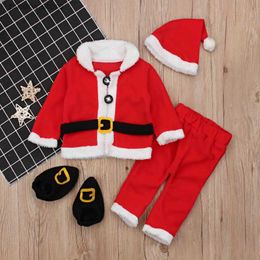 Ensembles de vêtements Costume de Noël pour garçons nouveau-nés Manteau en polaire pour bébé + Pantalon + Chapeau + Chaussures Tenues de Père Noël en peluche pour vêtements de Noël pour bébé 3-24M 4pcs / Set