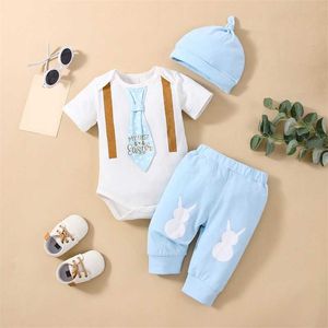 Ensembles de vêtements pour nouveau-né bébé garçon 1er vêtements de Pâques ensemble à manches courtes roberie pantalon bodys chapeau gentleman tenues z0321