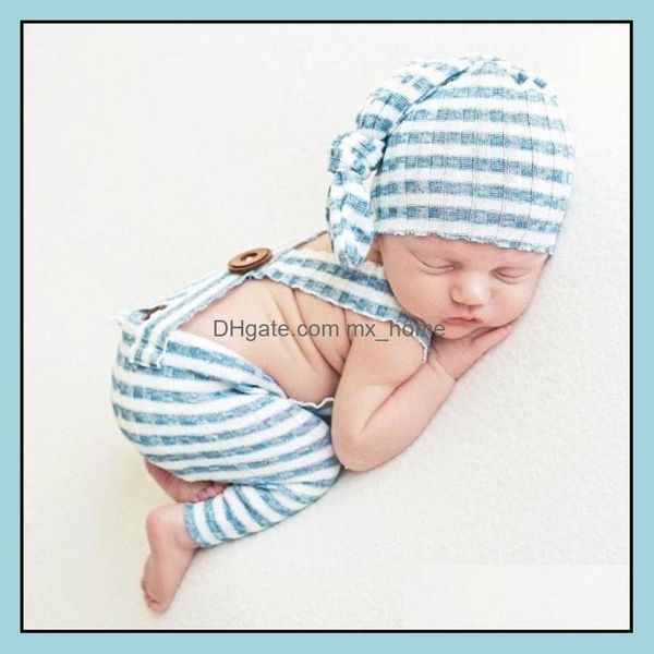 Ensembles de vêtements NOUVEAUX bébé Set Baby Stripe Stophing Rompers With Long Tail Knot Hat Clothes Pographie accessoires Mxhome Drop Dev Mxhome Dhfaf