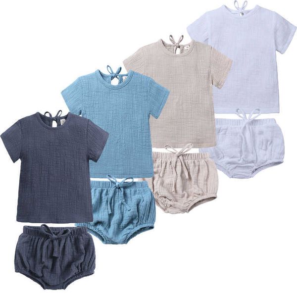 Ensembles de vêtements Nouveauté Bébé Garçons Filles Vêtements Coton Linge Ensemble Solide Couleur Laceup Pull T-shirt Shorts Avec Ceinture Enfants Tenues M