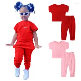 Kledingsets Nieuwheid Kinderen Little Girls 2 stuks Katoen solide casual t-shirt Elastische taille broek Jonge kinderen Outfits 1-6y