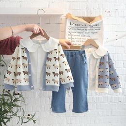 Kleding Sets OLEKID 2024 Lente Herfst 3 STKS Meisjes Set Vest Trui Jas Lange Mouw Gewassen Jeans Broek Babykleertjes