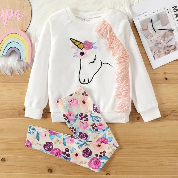 Ensembles de vêtements PatPat 2pcs Kid Girl Animal Licorne Imprimer Sweat-shirt en molleton et leggings floraux Ensemble