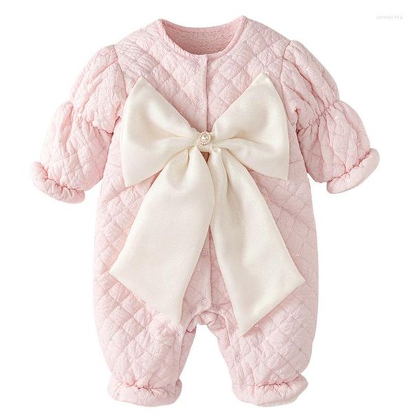 Conjuntos de ropa rosa princesa mameluco niña 6 9 12 24 meses invierno lindo cálido mono bebé infantil Boutique conjunto con lazo grande niño traje