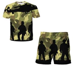 Kledingsets Populaire Camouflage 4-12Y Jongens Pak Militaire Print Kleding Meisjes mannen Kinderen Zomerkleding Kinderen Tops T-shirt shorts
