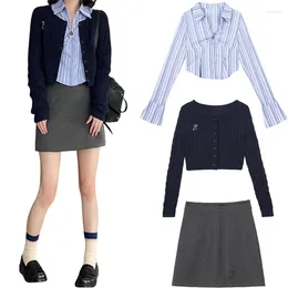 Kledingsets Preppy-stijl Japans Koreaans Spicy Girl JK Uniformset Gestreept shirt met lange mouwen Gebreid vest Gewikkelde heuprok 3-delig