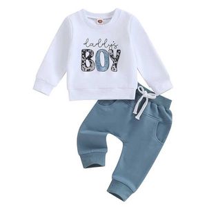 Kledingsets voorschoolse jongens kleding Dad Boys Funny Letter Sweatshirt Pull Up lange mouwen top joggingbroek tweedelig babykledingl2405