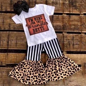 Kledingsets Promotie Peuter Baby Meisjes Kinderen Zomerkleding Outfits Kinderen Letter T-shirt Ruche Gestreepte Luipaard Bells Onderbroek