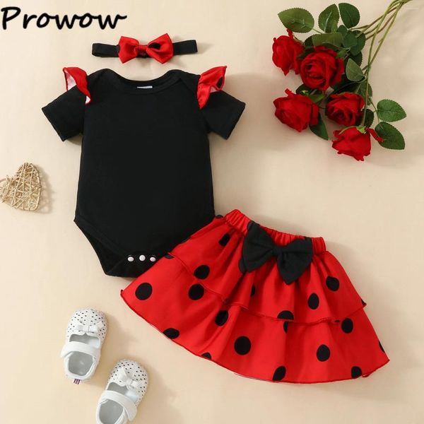 Vêtements Ensembles Prowow 0-18m Été Baby Girls Tiptifit BodySuit Bodys Bowknot Dot Red Cake Jupe 3pcs Vêtements pour enfants