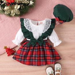 Kledingsets Prowow 024M Kerstoutfit voor babymeisjes, bodysuit met kanten kraag en jarretelles, geruite rokken, kerstmuts jaarkostuum 231207