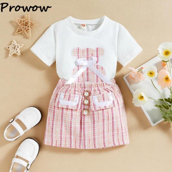 Ensembles de vêtements Prowow 2-6Y Tweed Enfants Vêtements Filles Robe Costume Rose Plaid Ours Top Bouton Poche Jupes Été Bébé Enfants Tenues