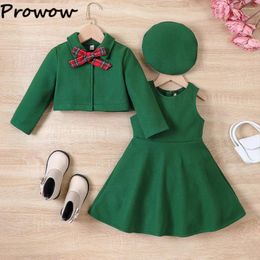 Vêtements Ensembles Prowow 2-7Y Enfants Vêtements de Noël pour filles Tweed Tenues Bowknot Manteau Polaire Robe Verte Béret Enfants Année Costume