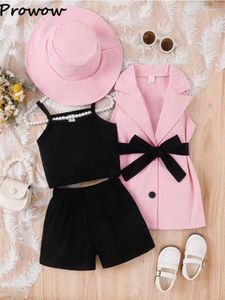 Vêtements de vêtements Prowow 4-7y Summer Kids Girl Girl Blazer Tentime Butt Button Jacket Crop Top Shorts solides Bellés 4pcs Vêtements avec chapeau