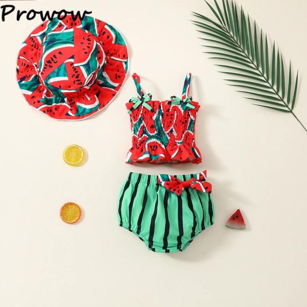 Conjuntos de ropa Prowow Baby Girls Ropa 2024 Verano Red Sandía Traje Smocked Chaleco Pantalones cortos Sombreros de tres piezas para