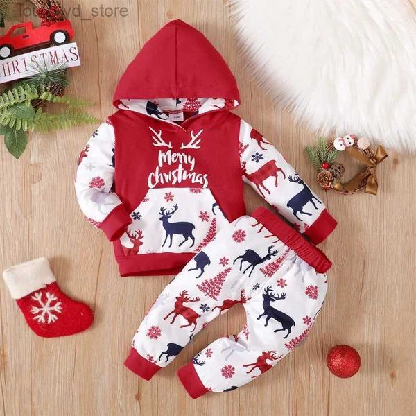 Ensembles de vêtements Prowow My First Baby Christmas Outfit Boy Vêtements Haut à capuche + Pantalon Red Deer 2023 Costume du Nouvel An pour enfants 3-24M T231204