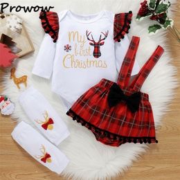 Kledingsets Prowow My First Christmas Baby Girl Cleren Ruffle Romperplaid Suspender Rokken 2023 jaar kostuumoutfit 221007