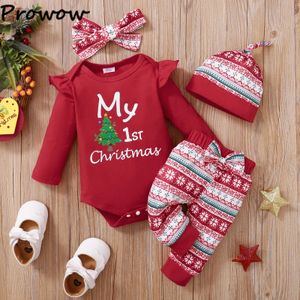 Ensembles de vêtements Prowow Mes premiers vêtements de Noël Tenue de Noël pour bébé Vêtements du Père Noël RomperPantsChapeau né Année Costume de bébé 231129