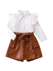 Kledingsets Pudcoco 1-6T Baby Kinderen Baby Meisje 2-delige set Kleding Lange mouw Effen Wit overhemd Zak Lederen Rokken Lente Herfst Outfit