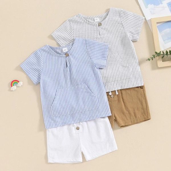 Ensembles de vêtements Pudcoco 2pcs Baby Boy Tenues d'été à manches courtes T-shirt à manches à manches à rayures Buts de bouton de tout-petit 6m-4T