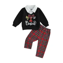 Kledingsets Pudcoco 2pcs Baby Girl Boy Christmas Outfits Lapelkraag met lange mouwen Sweatshirts Plaid Pants Set Peuter warme kleding 3-24m