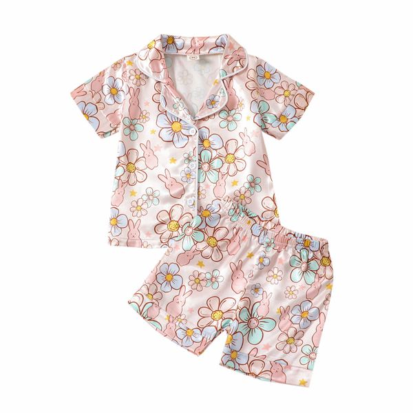 Ensembles de vêtements Pudcoco 2 Pcs Infant Enfants Bébés Filles Pyjamas De Pâques À Manches Courtes Imprimé Floral Bouton Chemises Et Shorts Vêtements De Nuit 6M 6T 230508