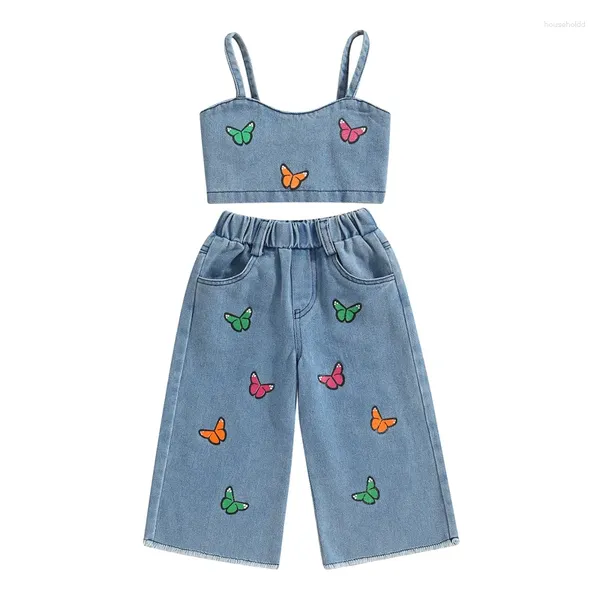 Ensembles de vêtements Pudcoco 2 pièces enfant bébé bébé filles tenues d'été sans manches papillon broderie haut camisole ensemble de jeans 1-6T