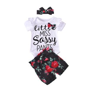Ensembles de vêtements Pudcoco 3 pièces né bébé fille lettre imprimé body + pantalon floral + bandeau tenues ensemble de vêtements