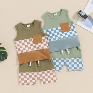 Kledingsets Pudcoco Baby Boy Shorts en tanktop Set Patchwork Mouwloos shirt Geruite print Baby Peuter Zomeroutfits 0-3T