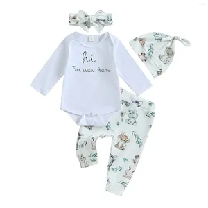 Kledingsets Pudcoco Baby Boys Fall Outfits Letter Print Crew Neck Neck Rompers Koala Pants Hat Headband 4pcs Deset Set