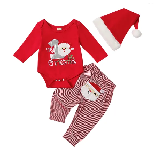 Ensembles de vêtements Pudcoco bébé fille garçon tenue de Noël à manches longues lettres de broderie barboteuse rayé pantalon de père Noël chapeau vêtements pour bébés