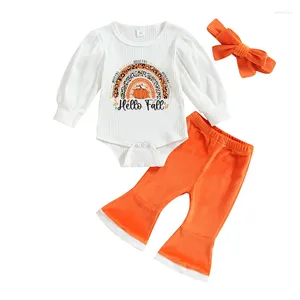 Ensembles de vêtements Pudcoco Baby Girl Fall Tenues Pumpkin Letter Imprimé à manches longues Pantalons Flare Pantal Band 3pcs Halloween Clothes Set 0-18m
