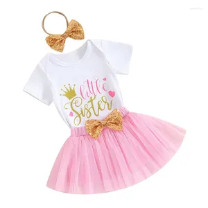 Conjuntos de ropa Pudcoco Baby Girl Summer Outfits Lettre Impresión de manga corta Juegos Tulle Tulle Tutu Skirts Sequins Bowknot Diadema 3pcs Set